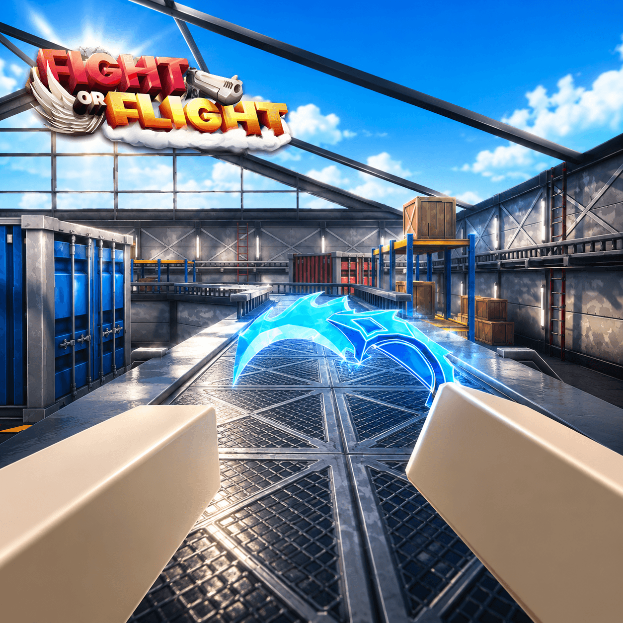 First-person view of a Fight or Flight warehouse map